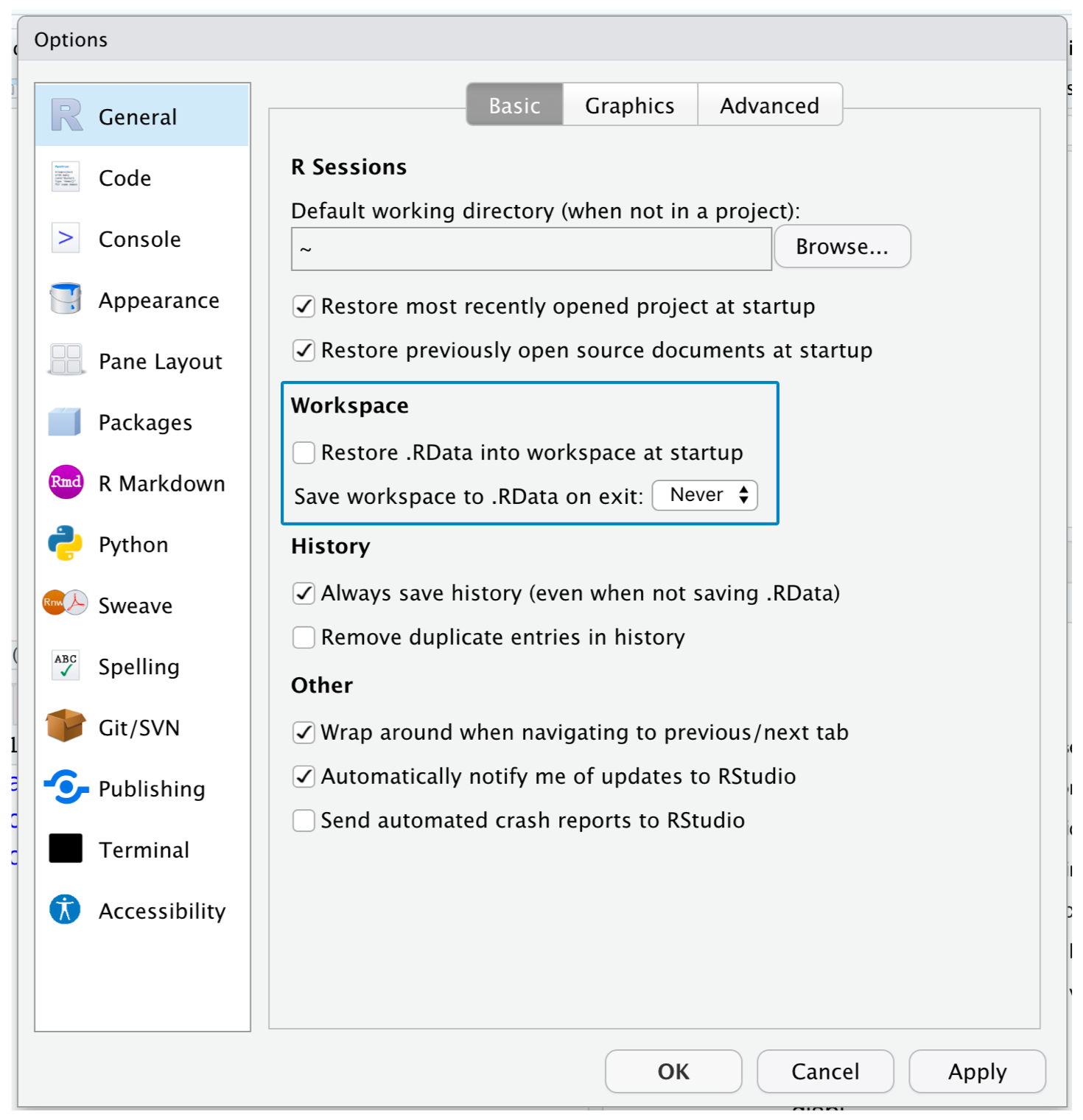 RStudio Global Options window where the option Restore .RData into workspace  at startup is not checked. Also, the option Save workspace to .RData  on exit is set to Never. 