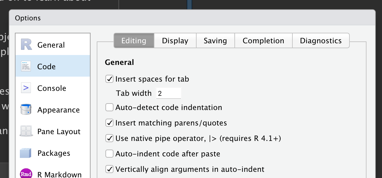 Screenshot showing the "Use native pipe operator" option which can be found on the "Editing" panel of the "Code" options. <br> 屏幕截图显示了“使用原生管道运算符”选项，该选项可在“代码”选项的“编辑”面板中找到。